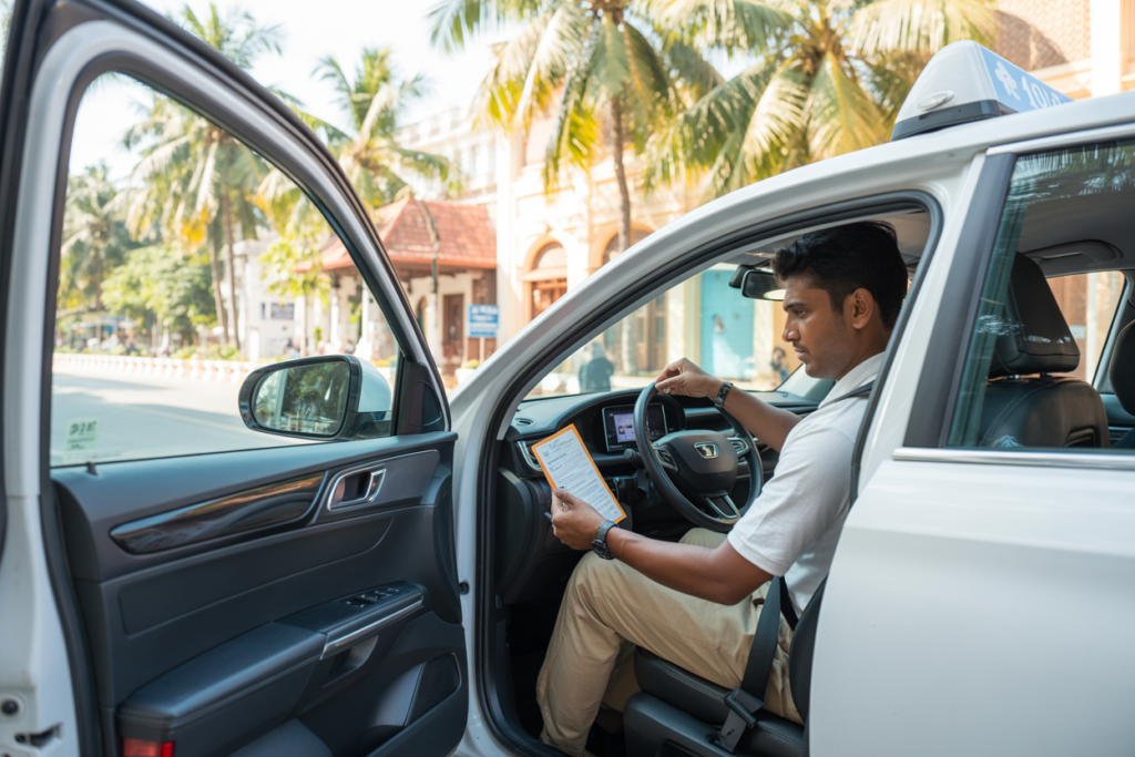Taxi driver checking trip details before starting ride in Trivandrum taxi service
