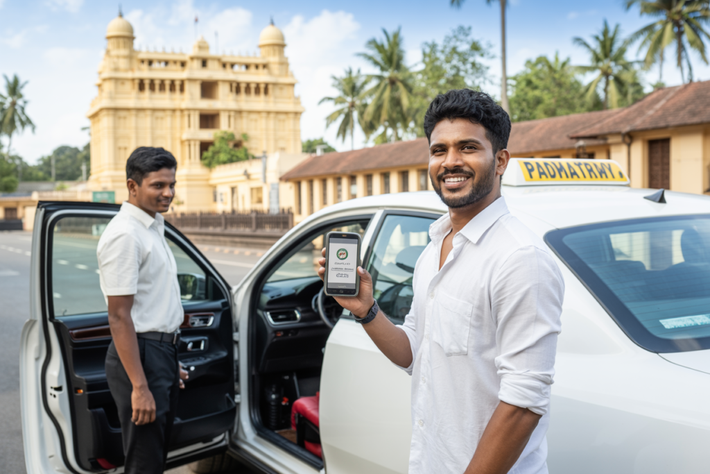 Tourist booking taxi service in Trivandrum near Padmanabhaswamy Temple using mobile app