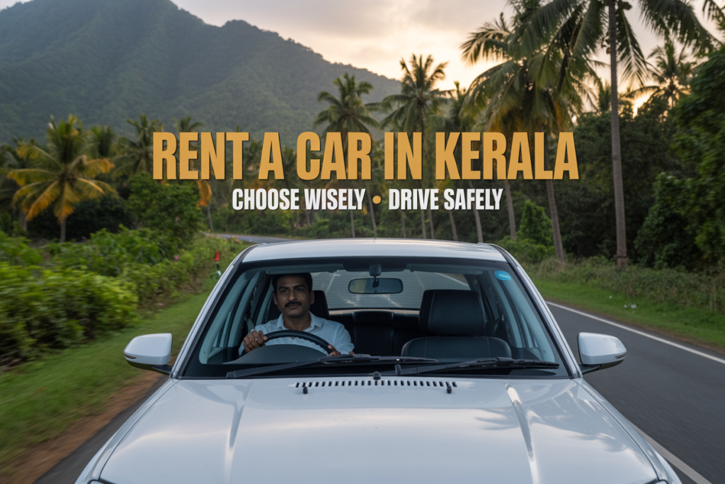 Man driving a white rental car on a scenic Kerala road surrounded by palm trees and hills representing car rental travel in Kerala.