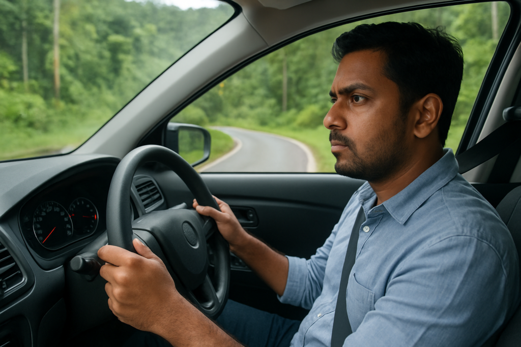 Traveler driving a rental car on a scenic forest road in Kerala, showcasing the experience of a self-drive car rental for a Kerala road trip.