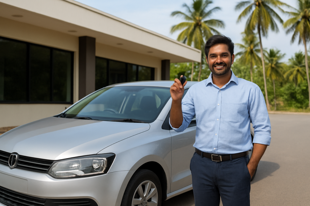 Happy customer with rental car key after renting a car in Trivandrum Kerala