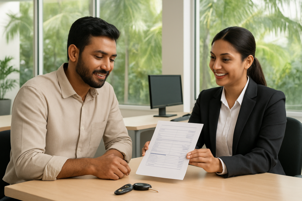 Customer reviewing car rental agreement with staff before renting a car in Trivandrum