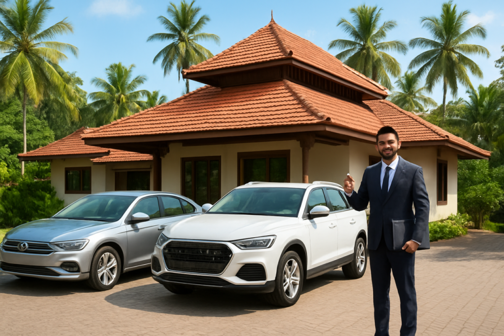 Tourist receiving rental car keys at a Kerala villa after renting a car in Trivandrum