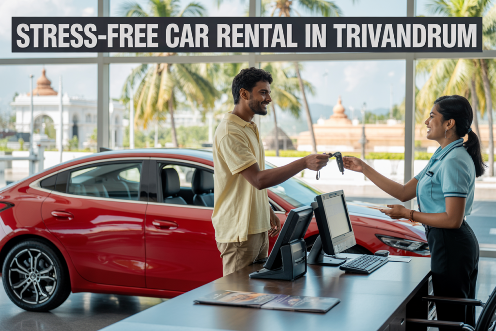 Stress-free car rental service in Trivandrum with customer receiving car keys at a professional rental desk in Kerala