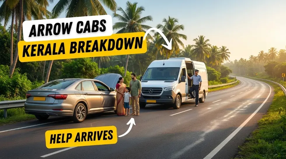Arrow Cabs roadside assistance helping a family with a car breakdown on a Kerala highway surrounded by coconut trees
