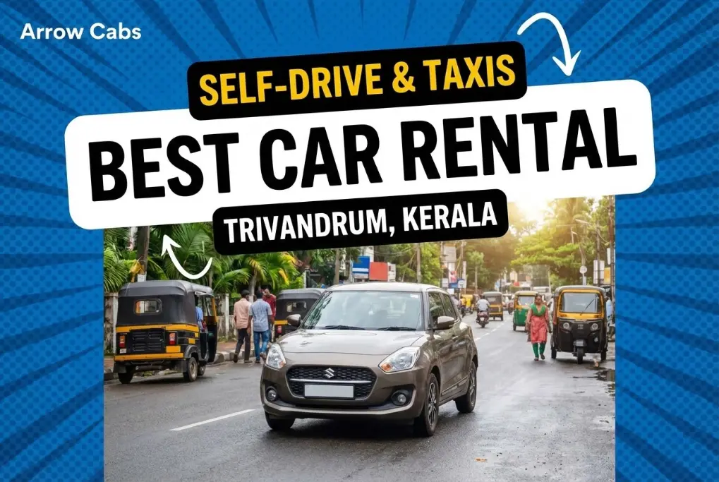 Self-drive and taxi car rental service in Trivandrum Kerala by Arrow Cabs showing a rental car driving through a busy city street with auto rickshaws and local traffic