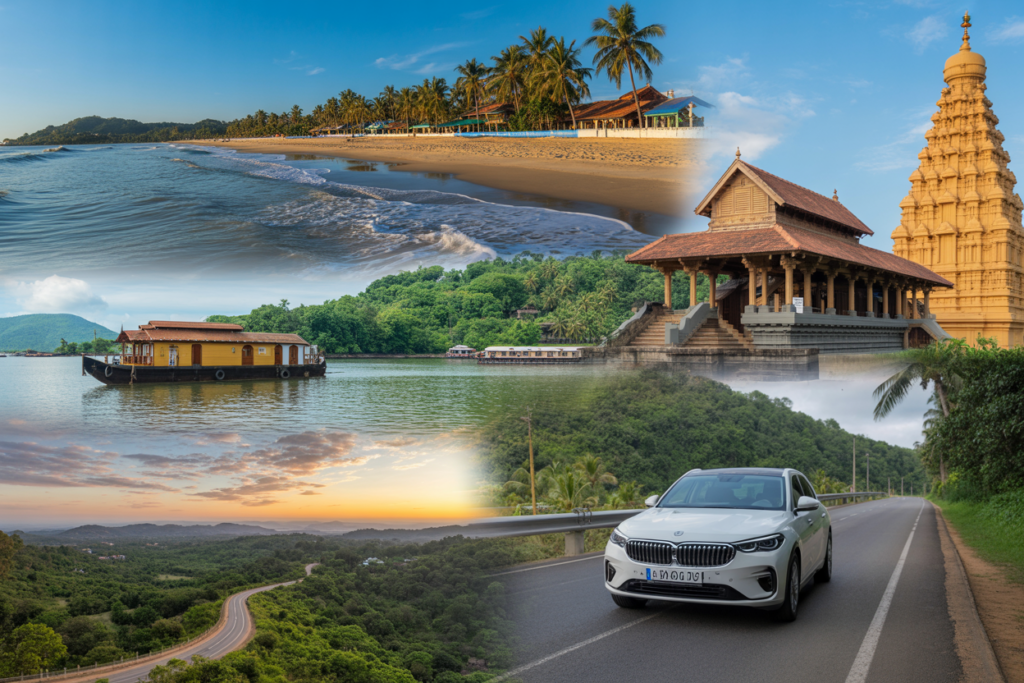 Car rental road trip from Trivandrum to Kerala tourist destinations including Kovalam Beach, Poovar backwaters and Padmanabhaswamy Temple