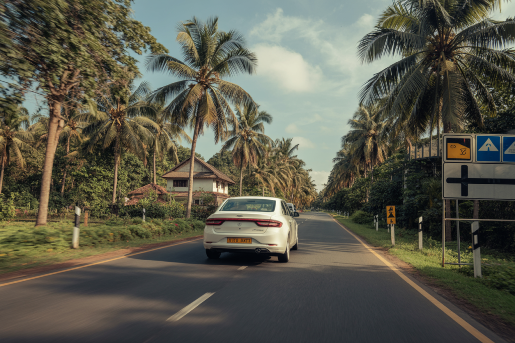 Self drive rental car traveling on scenic Kerala road near Trivandrum with coconut trees