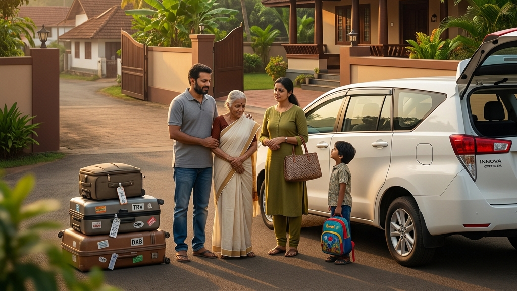 A tired yet relieved family in Thiruvananthapuram, Kerala, step out of their Innova Crysta at golden hour, luggage in hand. This scene perfectly encapsulates the seamless transition from travel chaos to the peaceful, green comfort of home—a transition made effortless with their pre-booked car rental