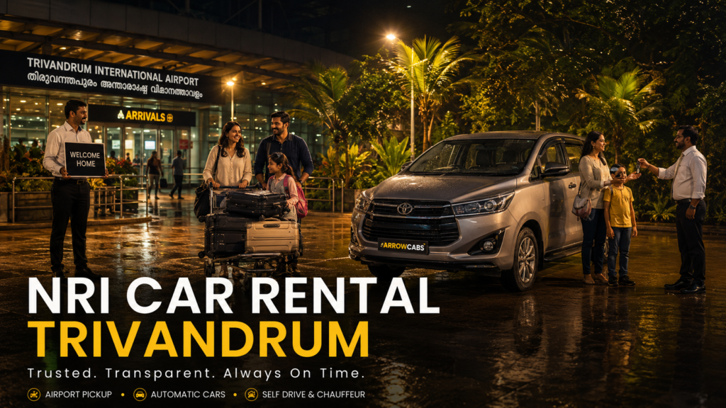 NRI family arriving at Trivandrum International Airport and receiving a premium ArrowCabs SUV for Kerala airport pickup service at night