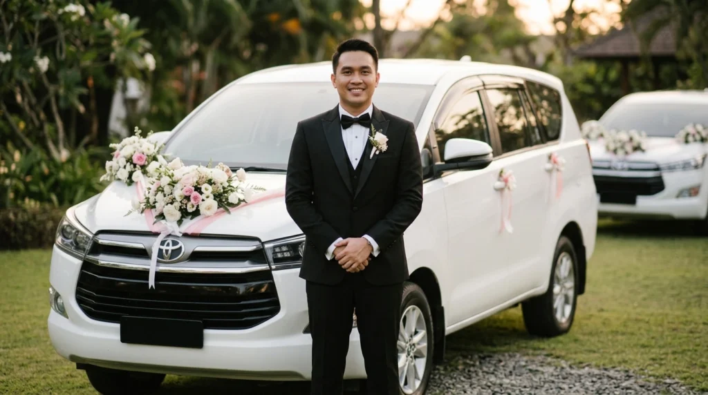 Groom beside flower-decorated Innova Crysta wedding car rental in Trivandrum