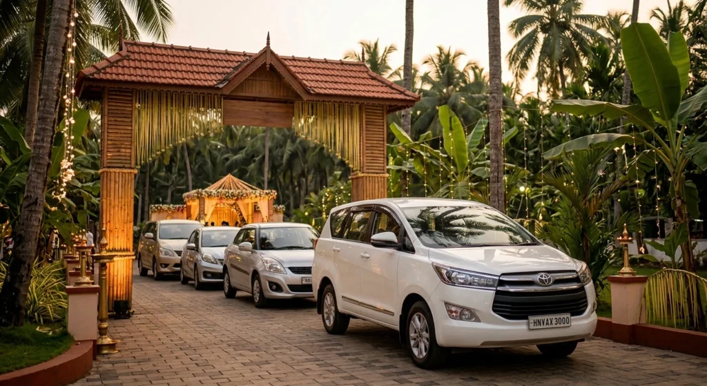 Wedding car fleet arriving at Kerala wedding venue - ArrowCabs Trivandrum